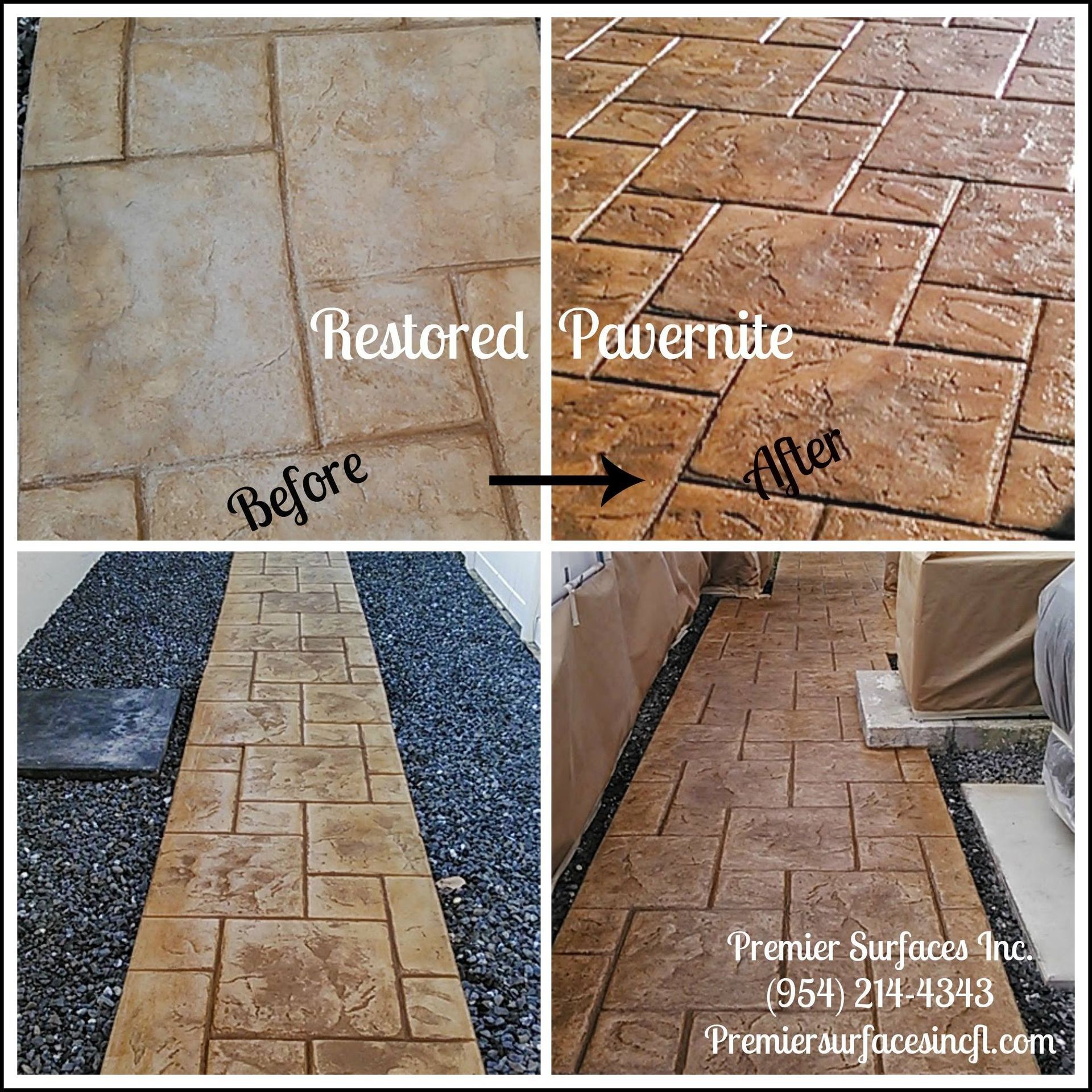 Before-and-after of restored Pavernite: light-colored concrete pavers before, rich brown pavers after. Sidewalks and pathways.