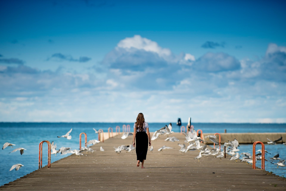 Life is full of beautiful surroundings and daily choices - woman walking down pier in ocean surrounded by clouds and seagulls.