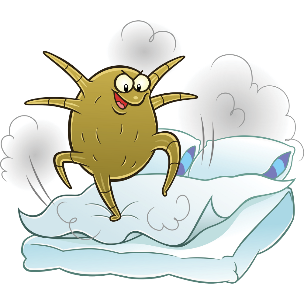 A cartoon illustration of a dust mite jumping on a bed.