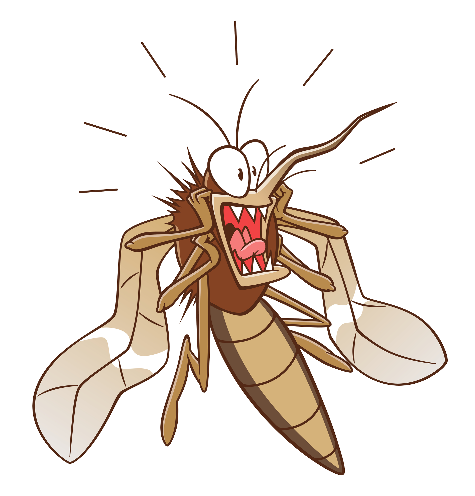 A cartoon mosquito with its mouth open and sharp teeth.