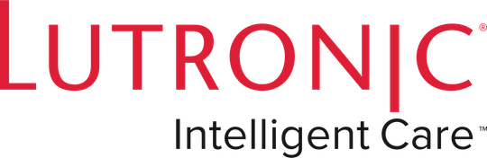 a red and white logo for Lutronic Intelligent Care