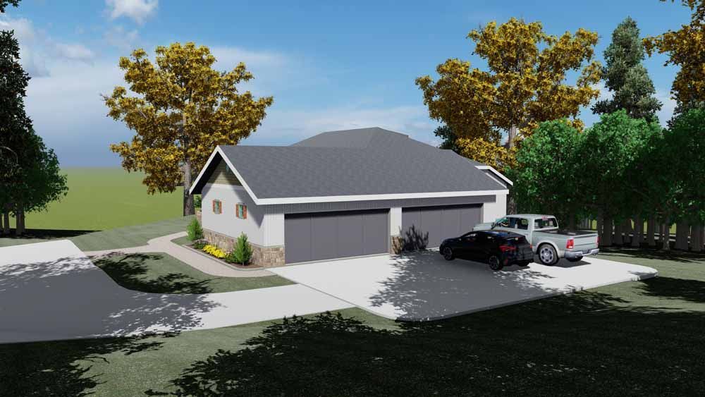 An artist 's impression of a garage with two cars parked in front of it.