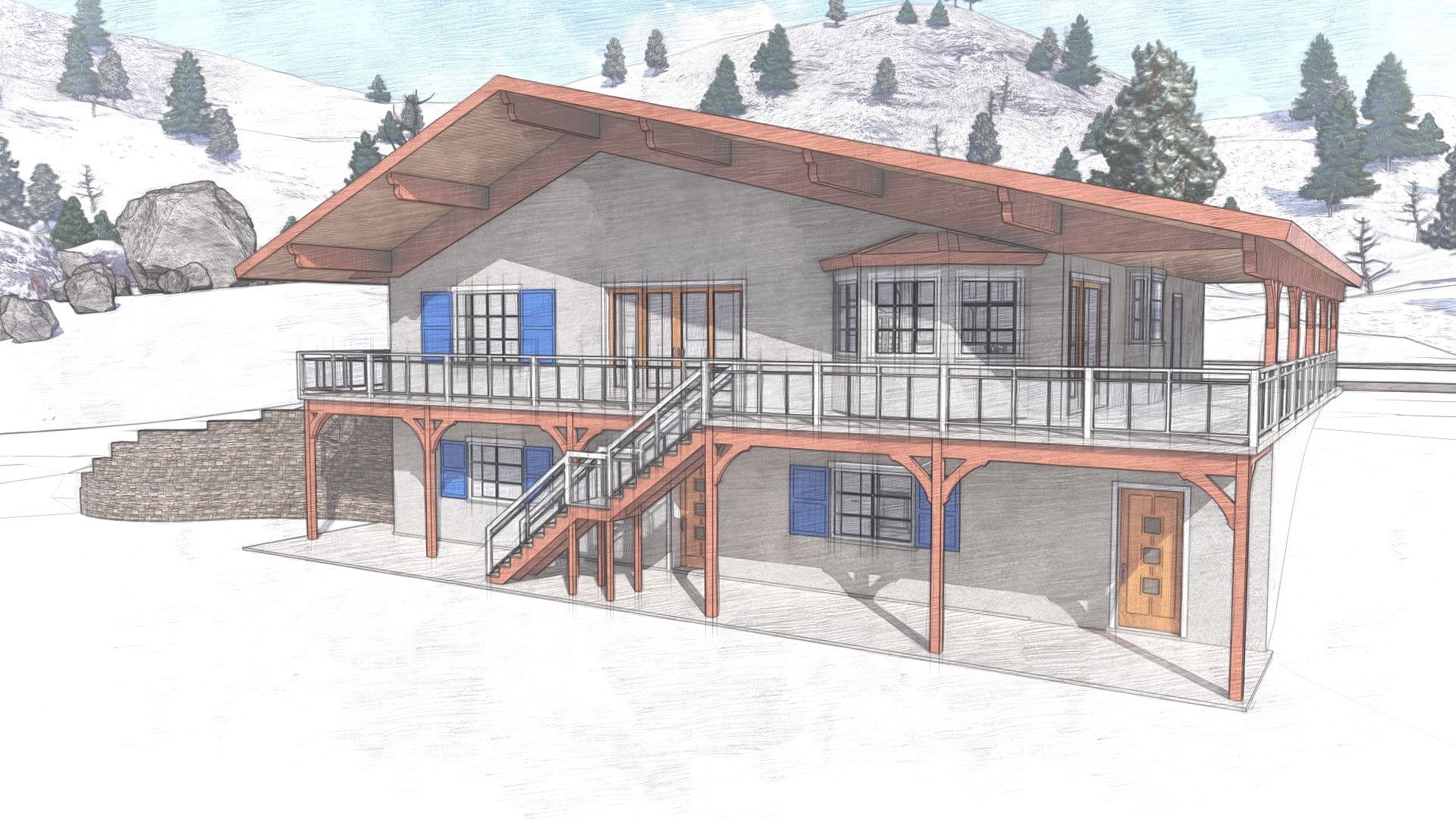 A sketch of a two-story house with a wooden balcony and blue shutters in a snowy mountain setting.