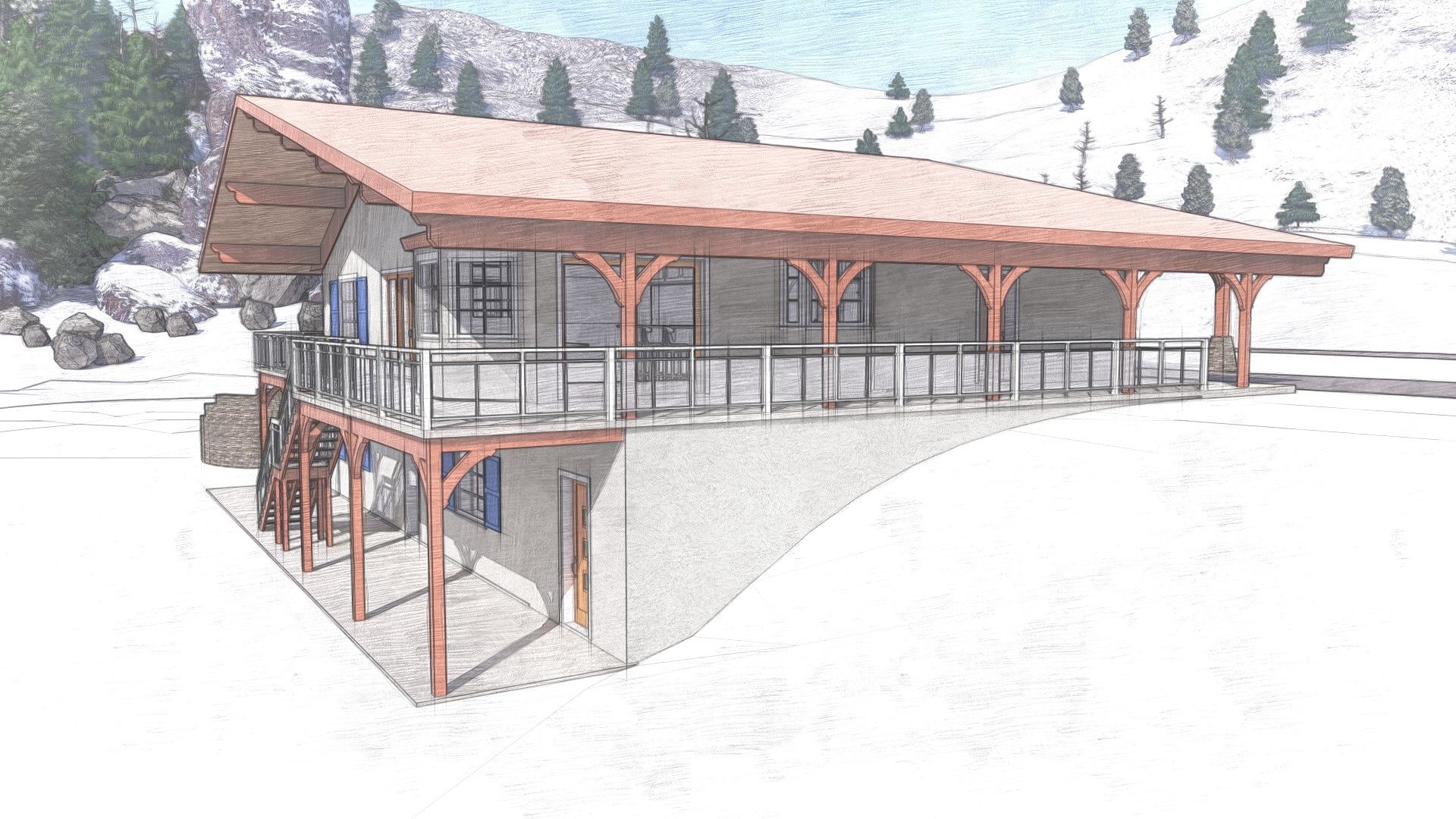 A ski lodge on a snowy mountain slope with a red roof and wooden accents.