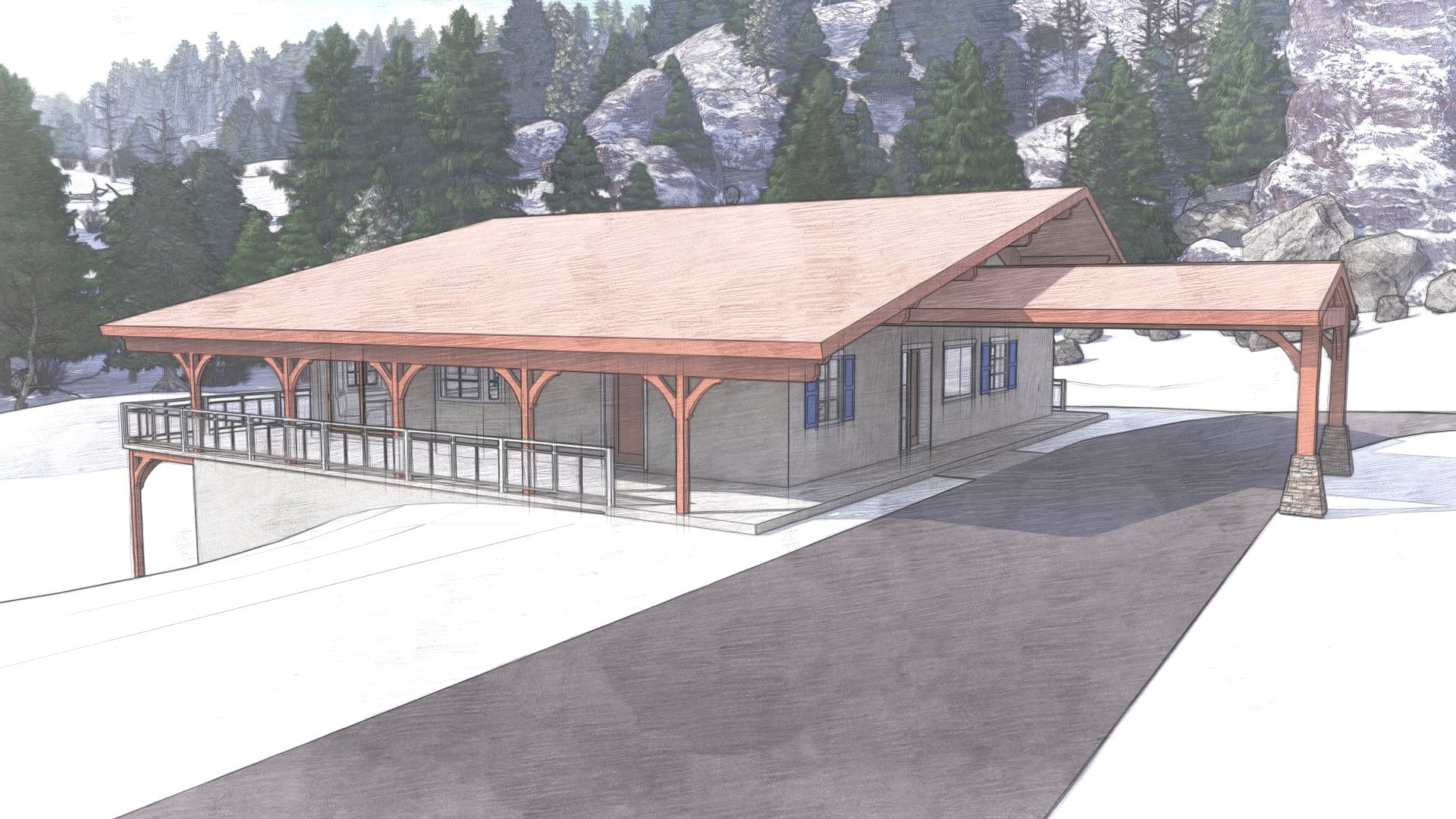 House with covered porch and carport, driveway, snow-covered landscape, trees, and mountains in the background.