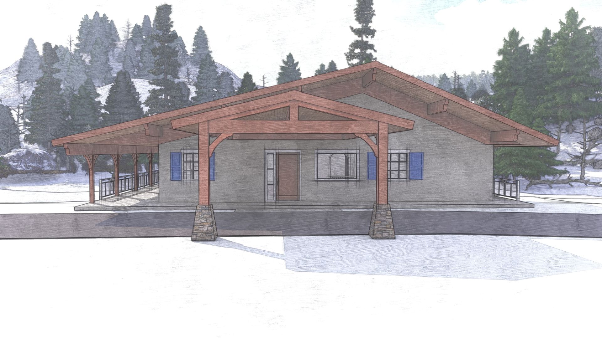 Snowy cabin with wooden porch, blue shutters, surrounded by snow-covered trees.