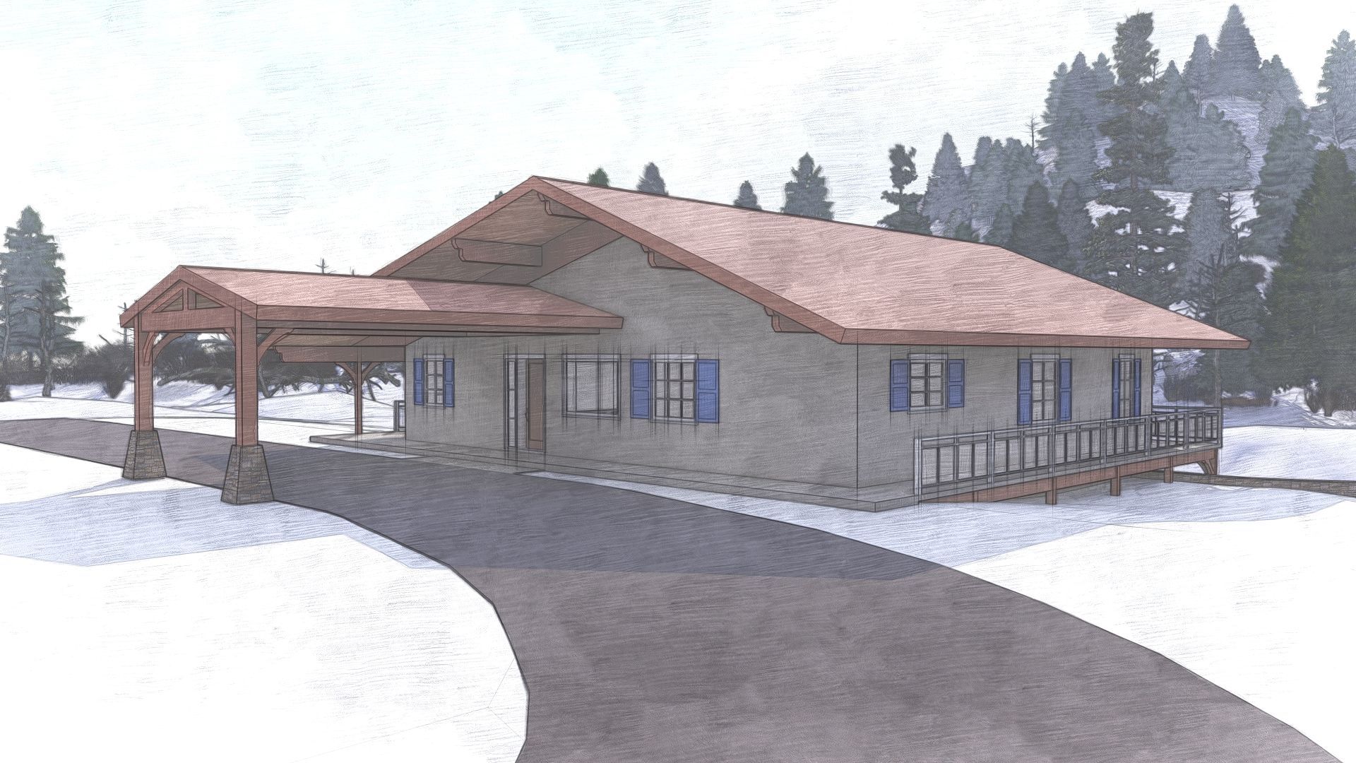 A one-story home with a carport and driveway, set in a snowy, wooded area.