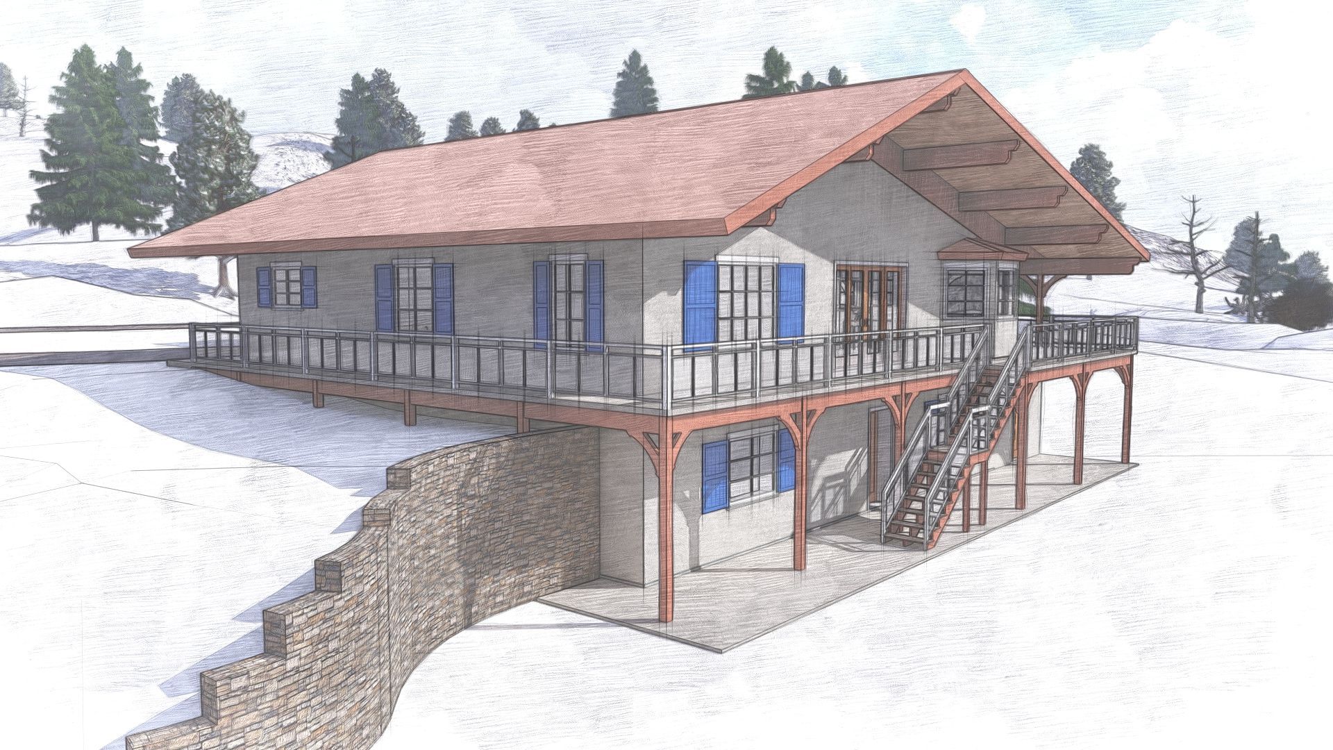 A snow-covered house with a red roof, balcony, and blue shutters, built on a slope with a stone retaining wall.