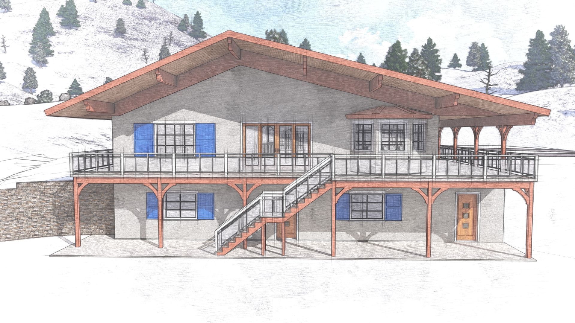 A cabin with a red roof, blue shutters, and a wooden balcony is nestled in a snowy landscape.