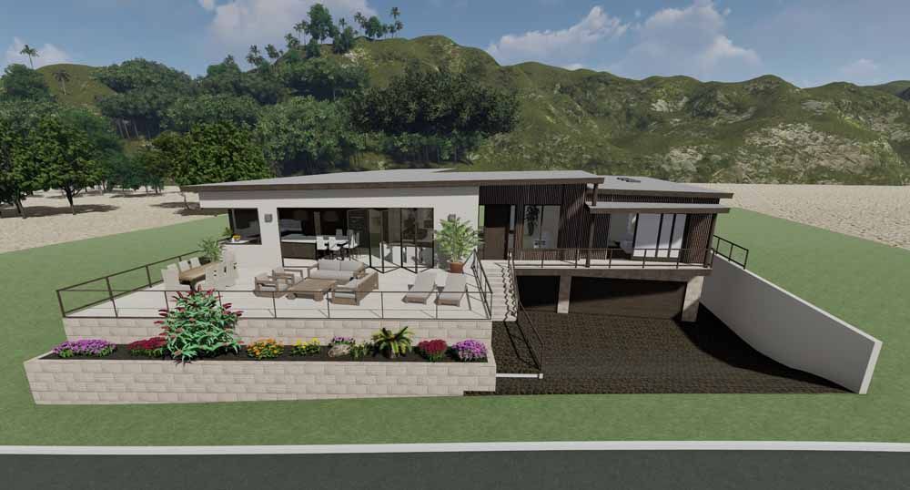 An artist 's impression of a modern house with a large balcony.
