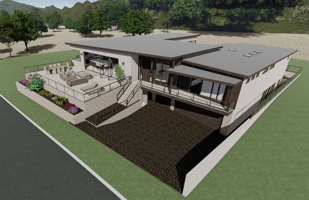 Aerial view of a contemporary style house with a large driveway