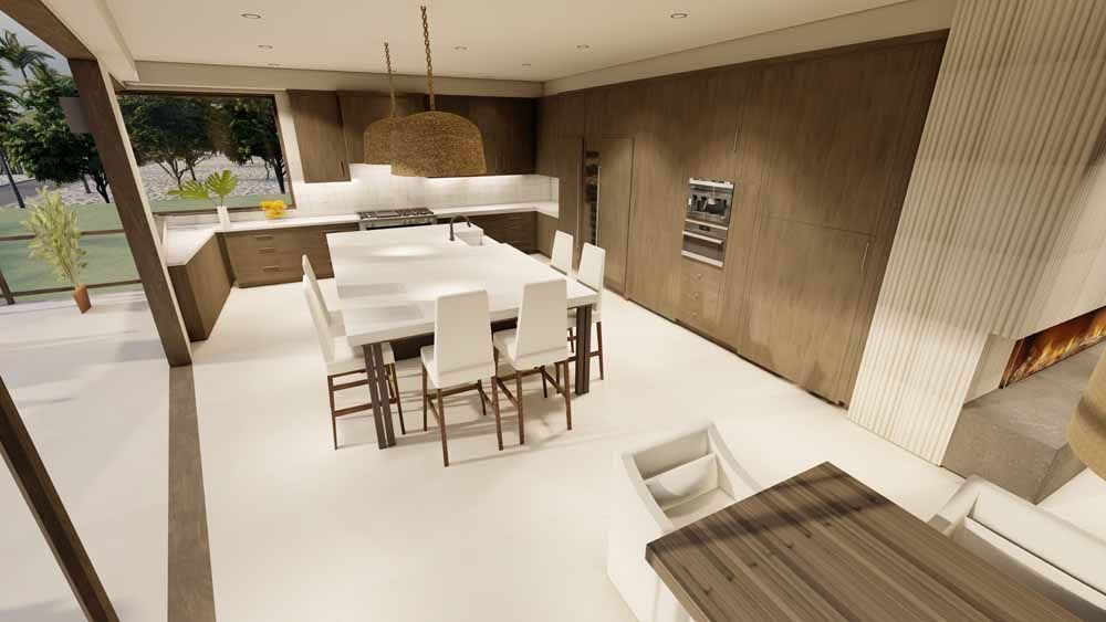 An artist 's impression of a kitchen and dining room in a house.