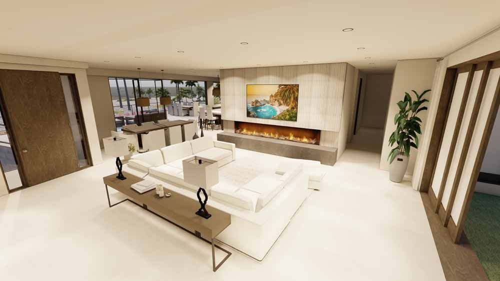 An artist 's impression of a living room with a fireplace and a flat screen tv.