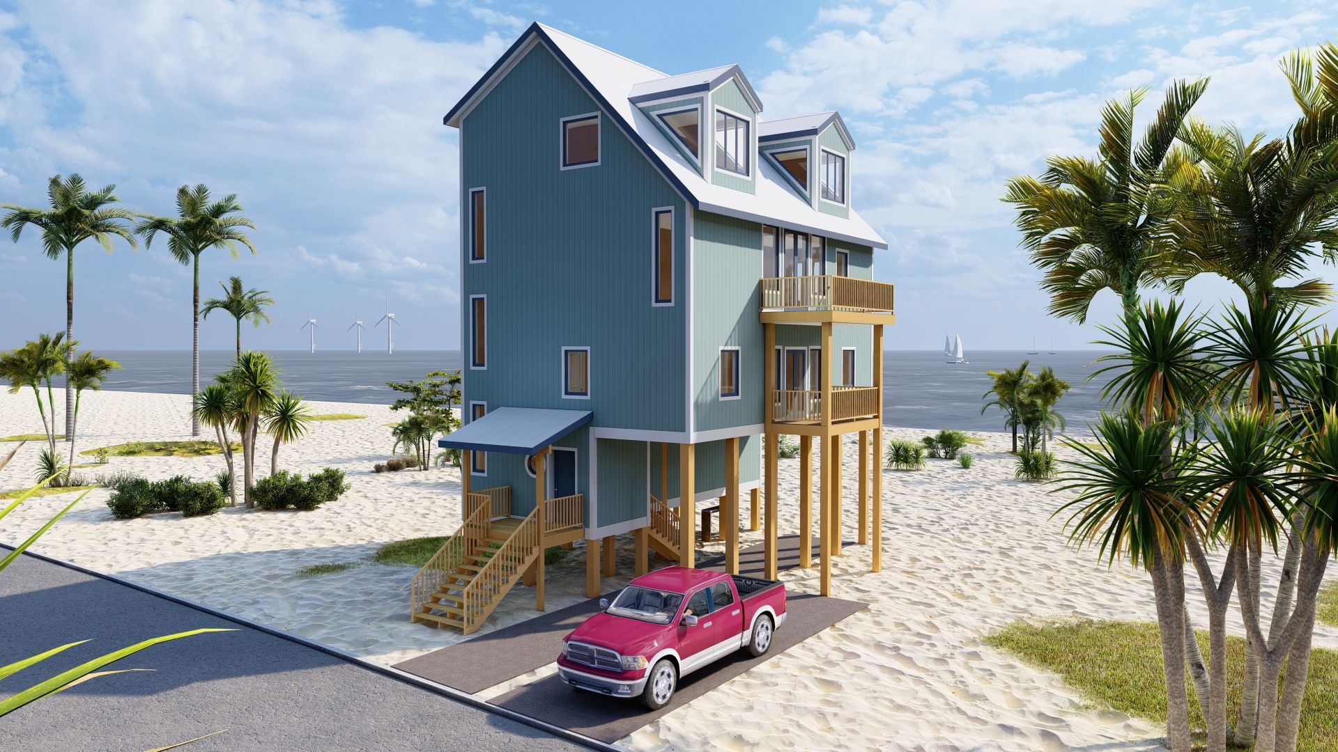Beach house on stilts with a red pickup truck, palm trees, and the ocean.