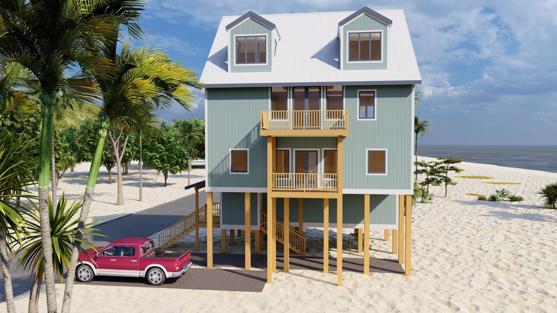Beachfront house on stilts with a pink truck in front.