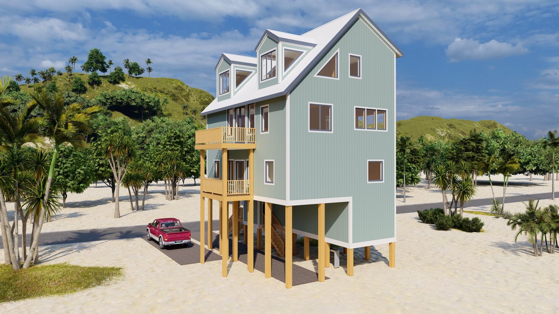 Beach house on stilts; teal siding, wooden porch, red car on sandy road, blue sky.