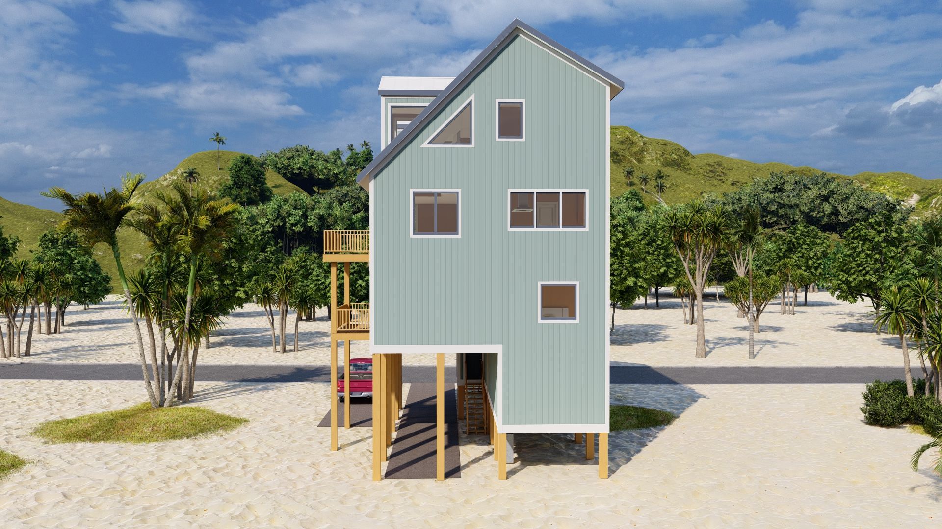 Coastal home on stilts with light blue siding, wooden supports, and small windows.
