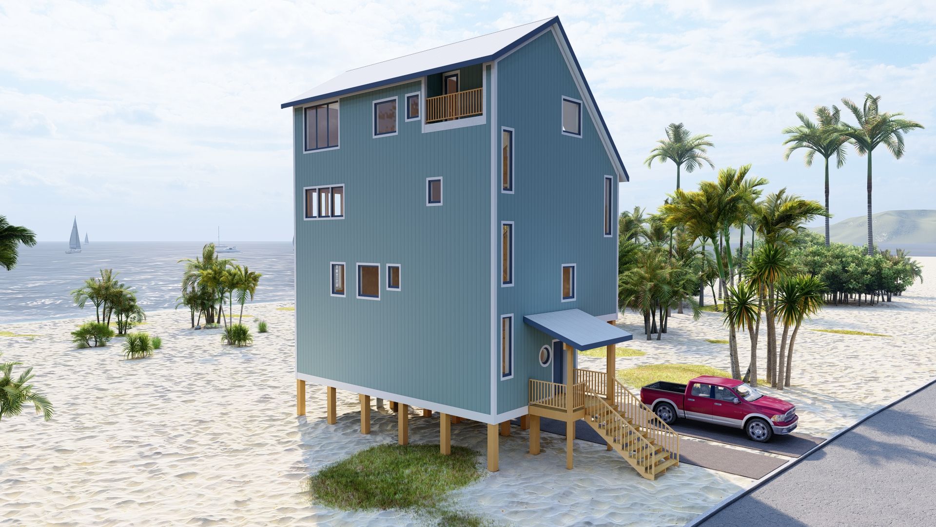 Blue beach house on stilts with a red truck parked nearby, sandy beach.