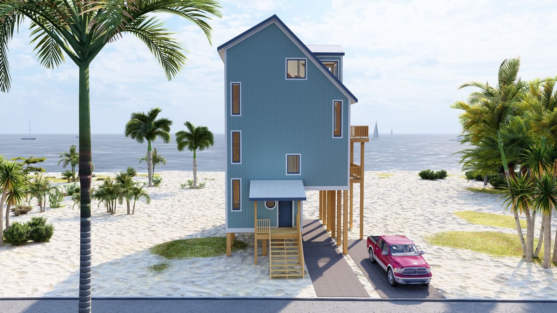 Blue beach house on stilts with a red truck parked in the driveway. Ocean and palm trees in background.