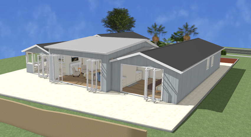 An aerial view of a house with a lot of windows