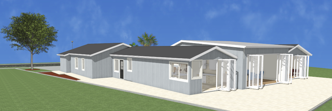 A computer generated image of a house with a tree in the background.