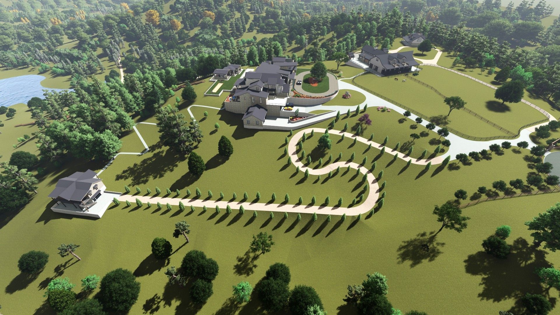 Aerial view of large estate with winding driveway, multiple buildings, and lush greenery.