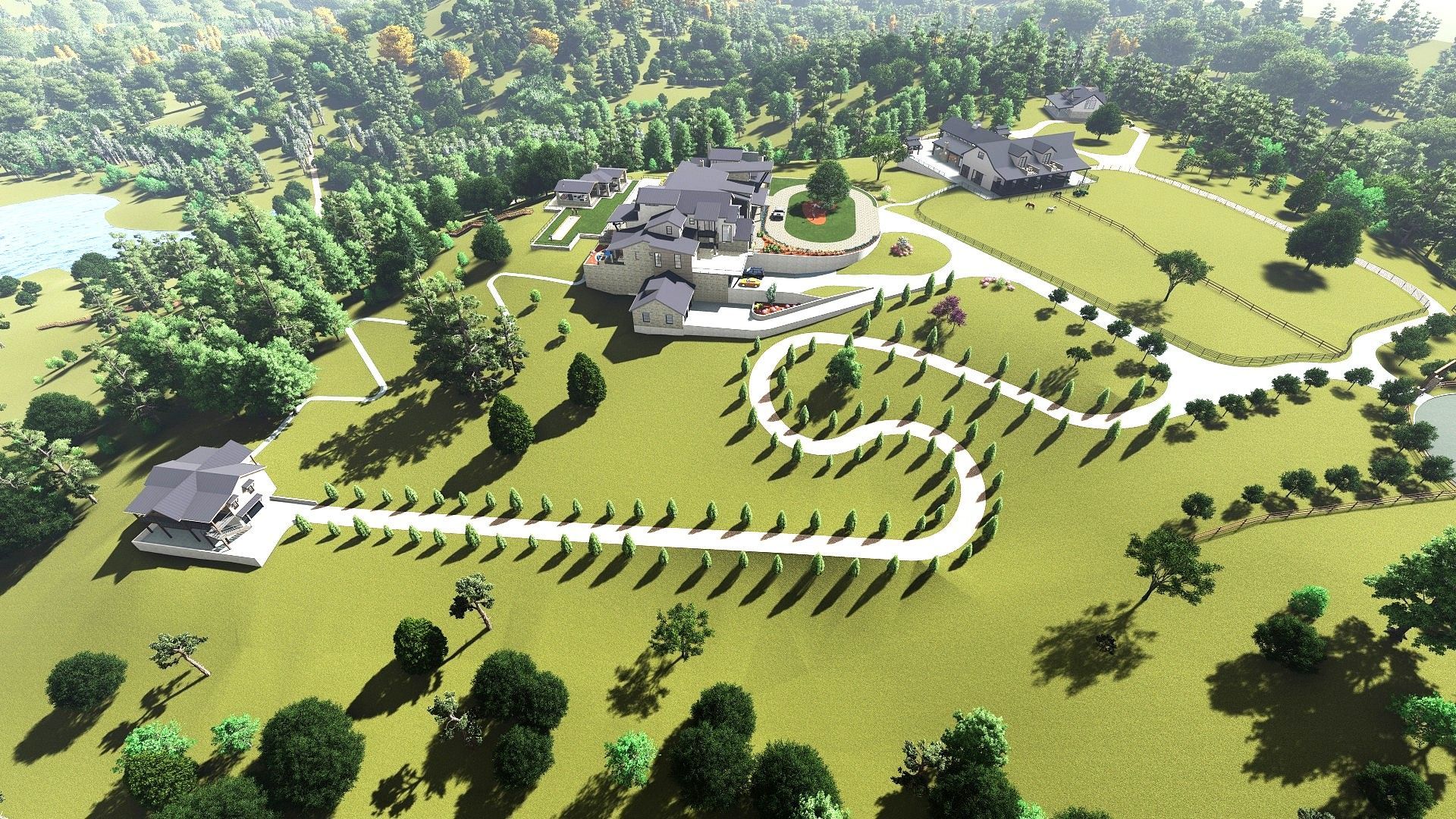 Aerial view of large estate with winding driveway, multiple buildings, and lush greenery.