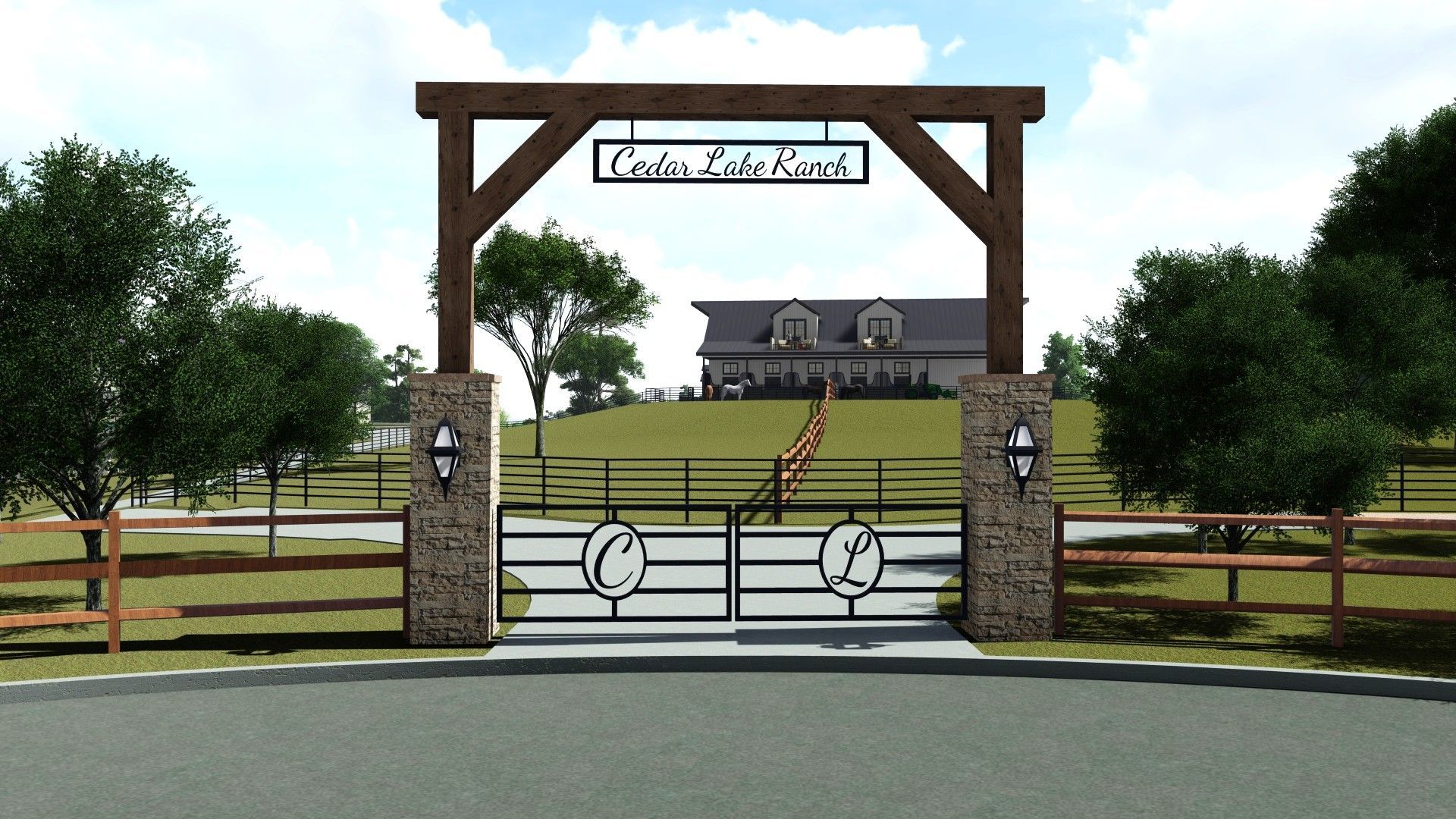 Stone and wood gate entrance to a ranch, with a house on a hill in the background.