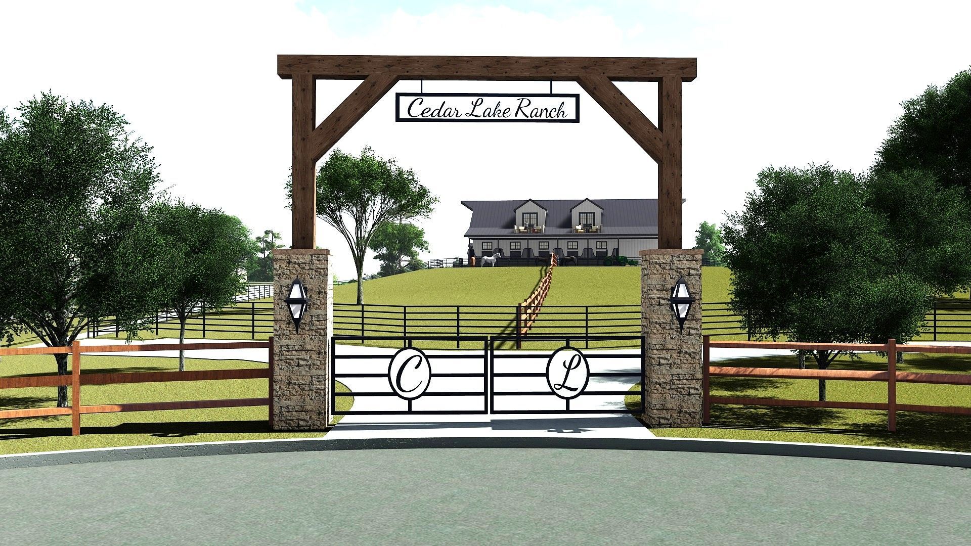 Stone and wood gate entrance to a ranch, with a house on a hill in the background.