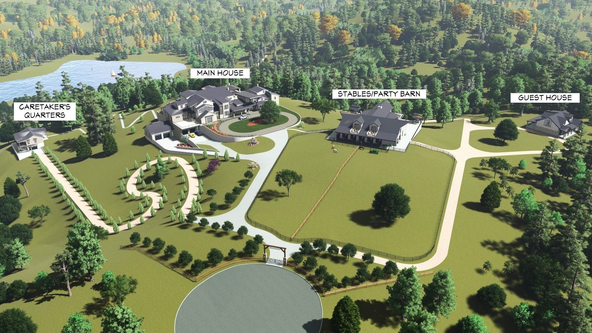 Aerial rendering of a large estate with multiple buildings, including a main house, guest house, and pool house