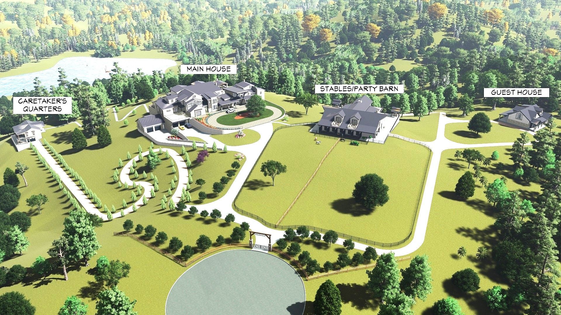 Aerial rendering of a large estate with multiple buildings, including a main house, guest house, and pool house