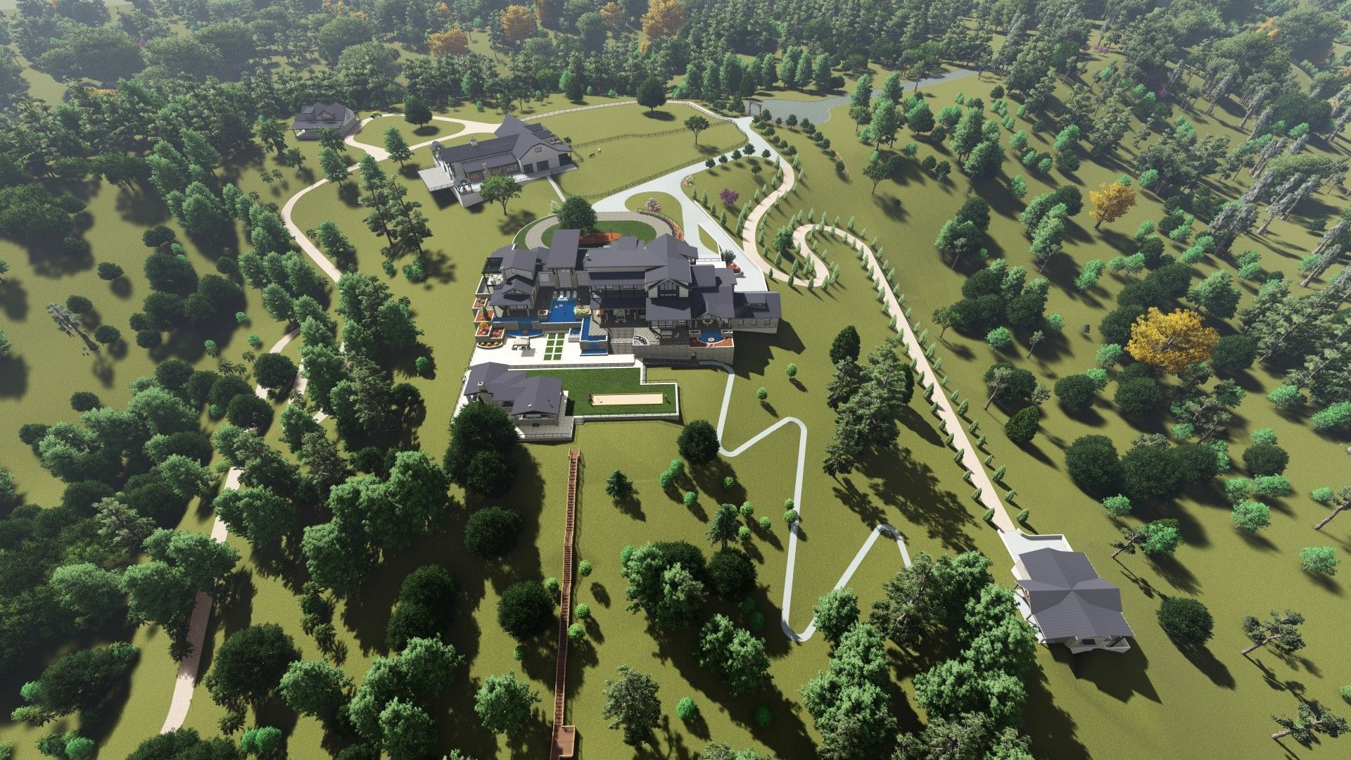 Aerial view of a large estate with a mansion, swimming pool, and winding driveway on a grassy landscape with trees.