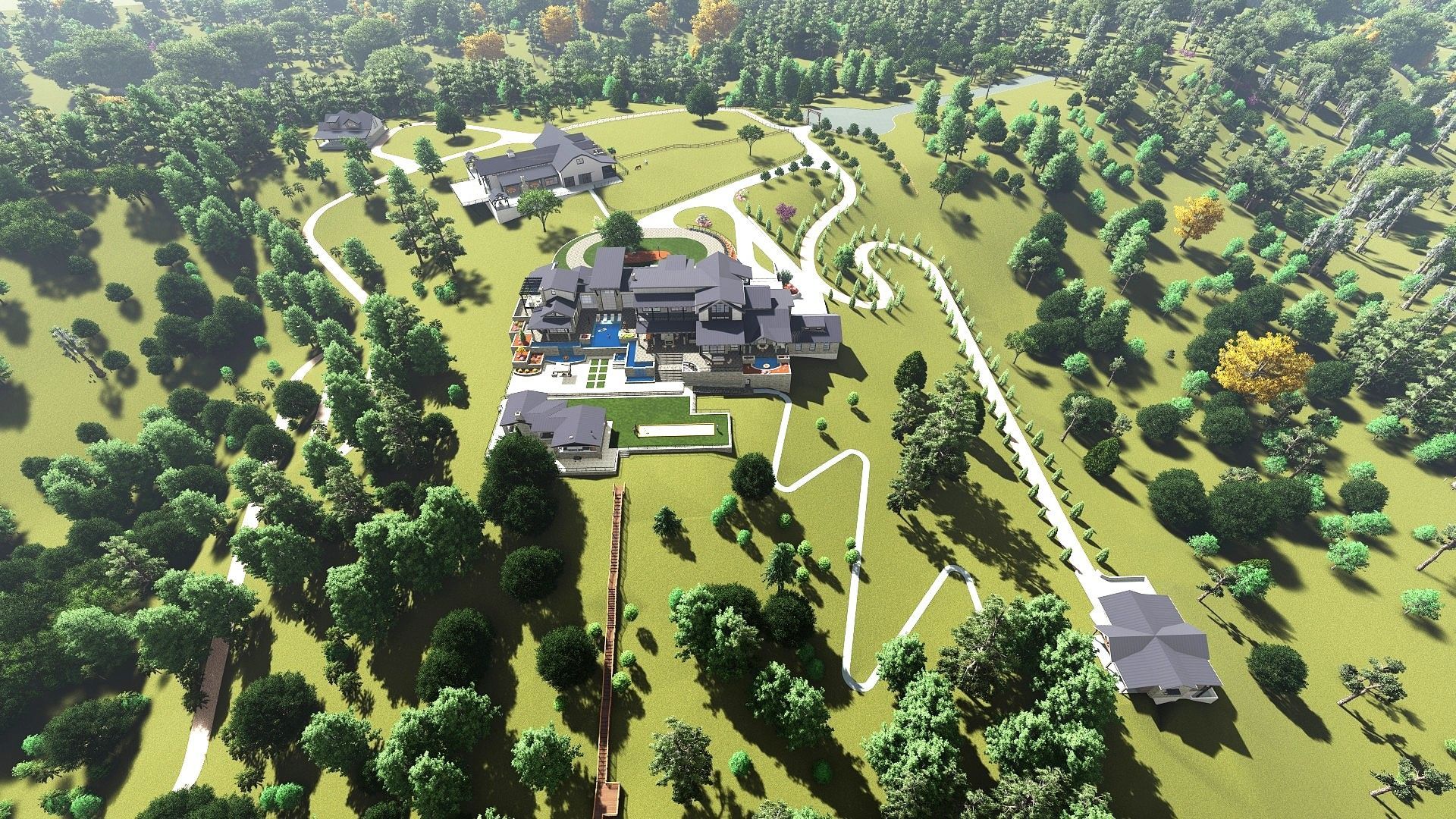 Aerial view of a large estate with a mansion, swimming pool, and winding driveway on a grassy landscape with trees.