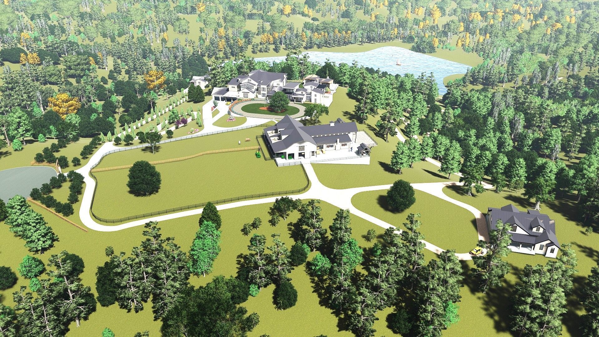 Aerial view of a large estate with multiple buildings, a lake, and surrounding trees.