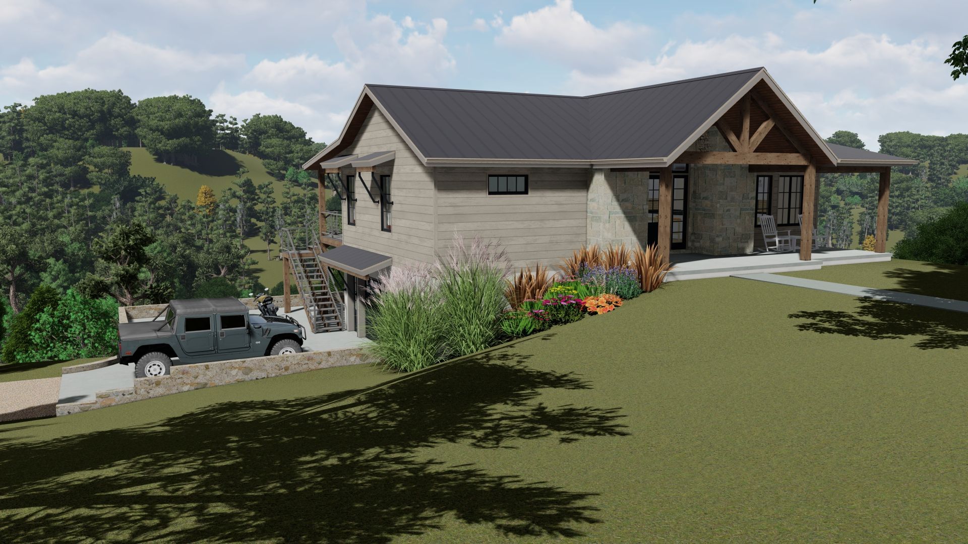 A modern house with a black roof, stone facade, and covered porch on a grassy hill.