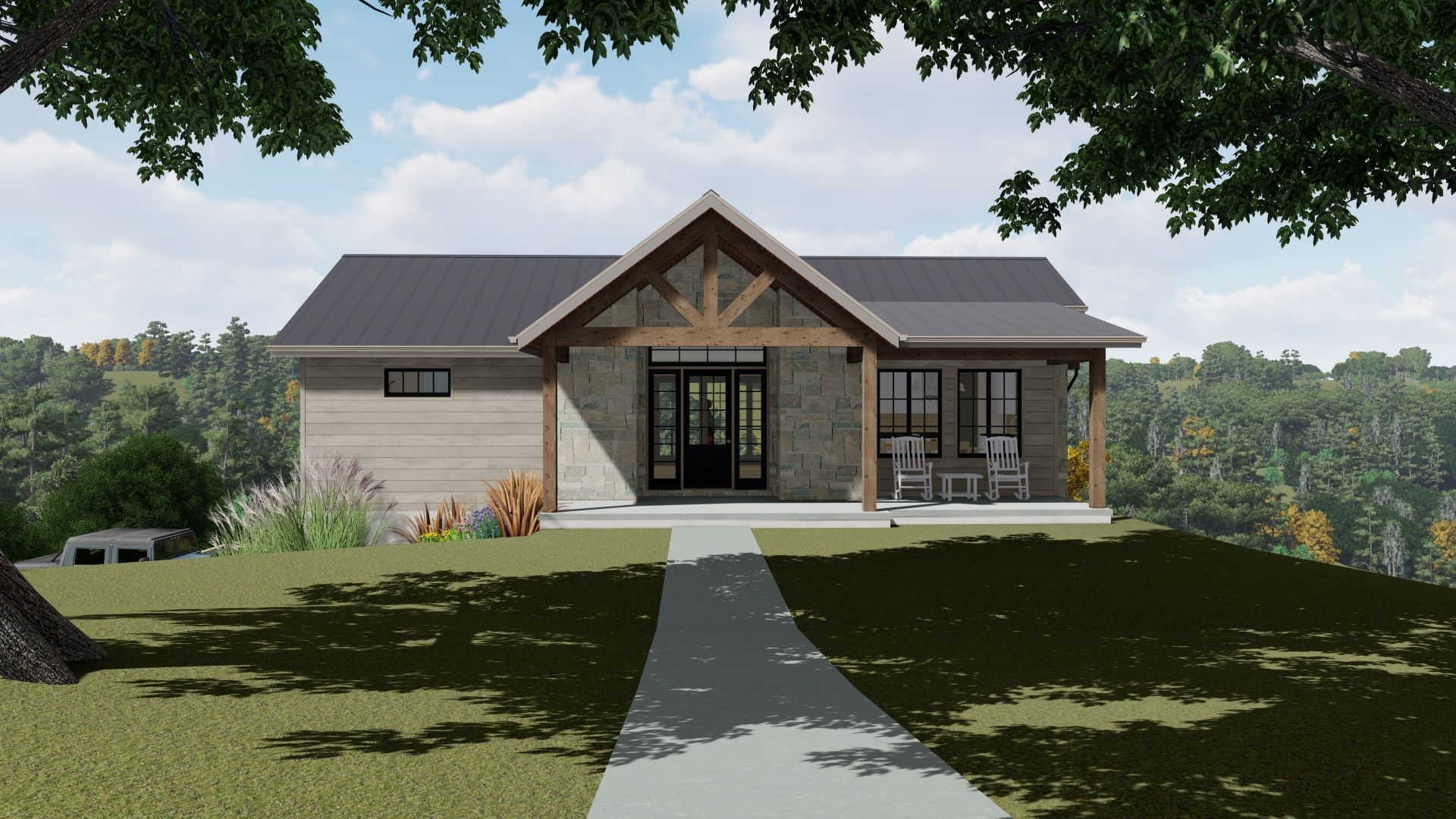 A house with stone facade, dark roof, front porch, and walkway on a sunny day.