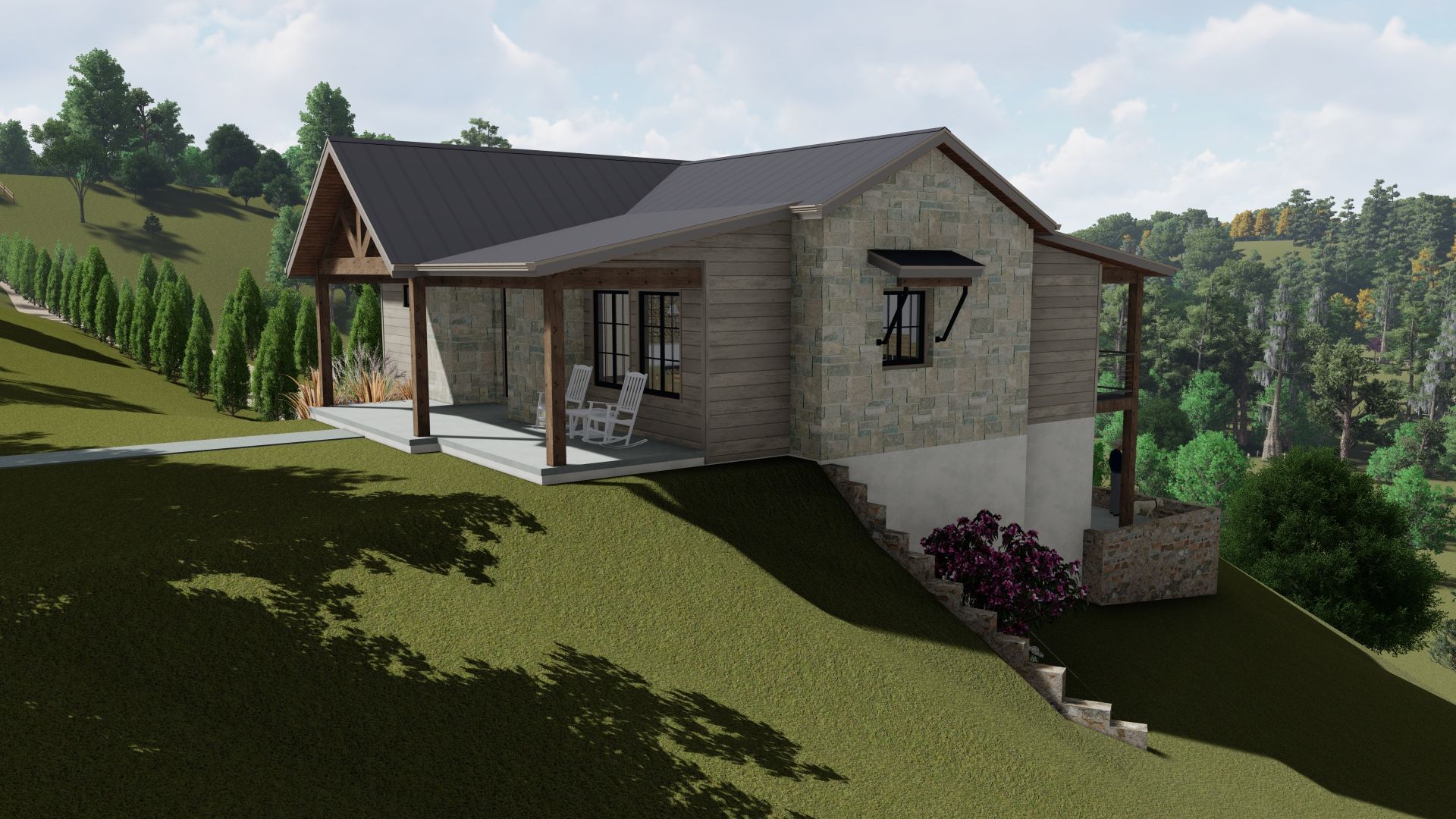 Cottage on a grassy hillside, stone and wood siding, covered porch, trees in the background.