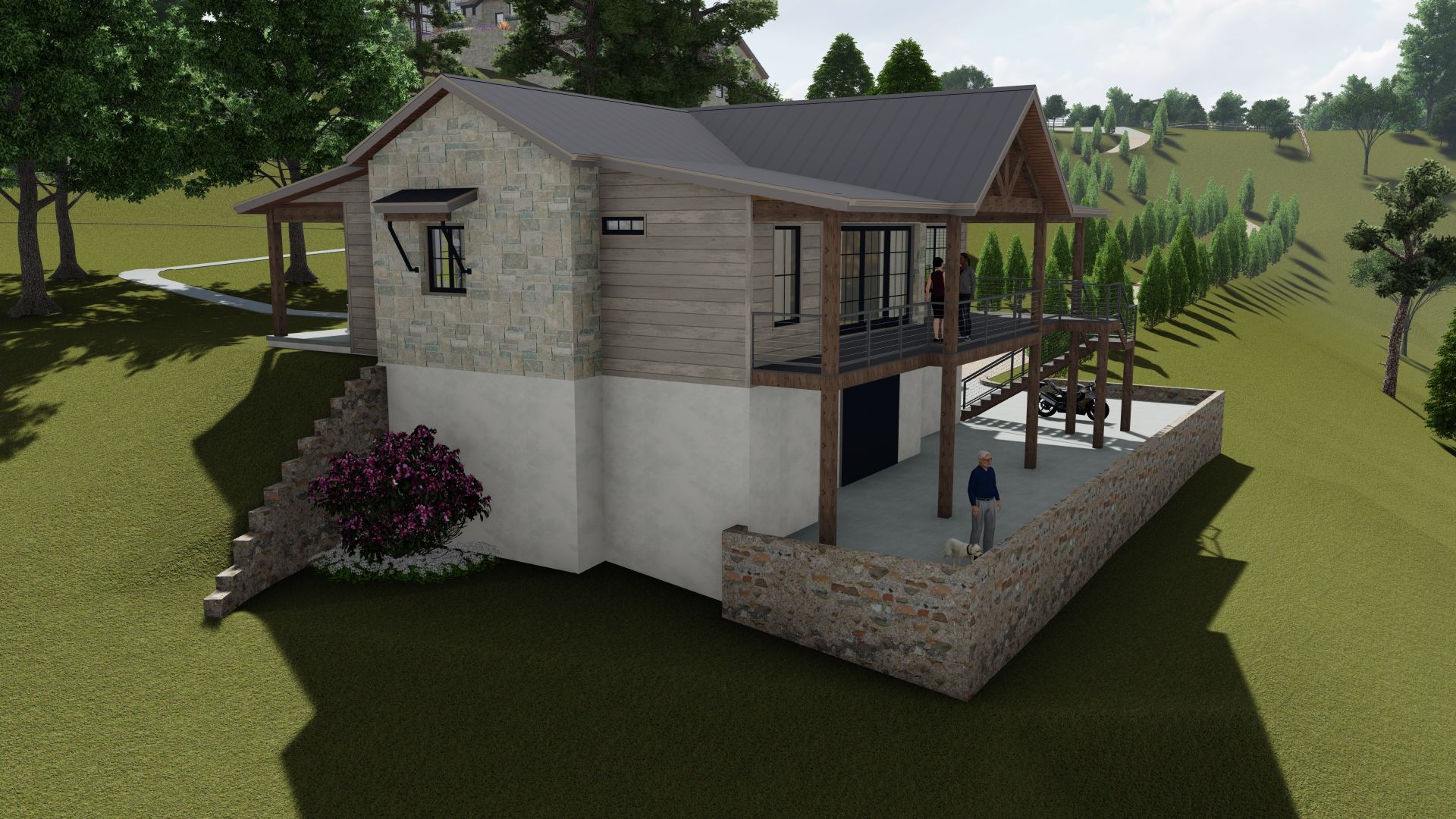 A two-story house on a hillside with stone and wood exterior, with a deck and landscaping.