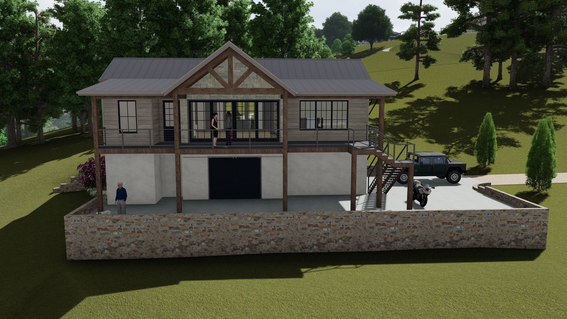 Two-story cabin with stone foundation, garage, and a parked truck. Trees in the background, exterior view.
