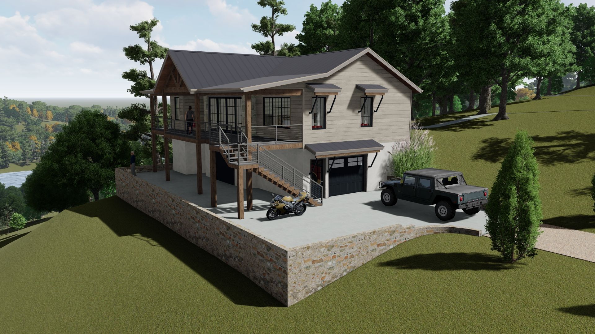 Two-story house with a garage and deck on a hillside, overlooking a lake and trees.