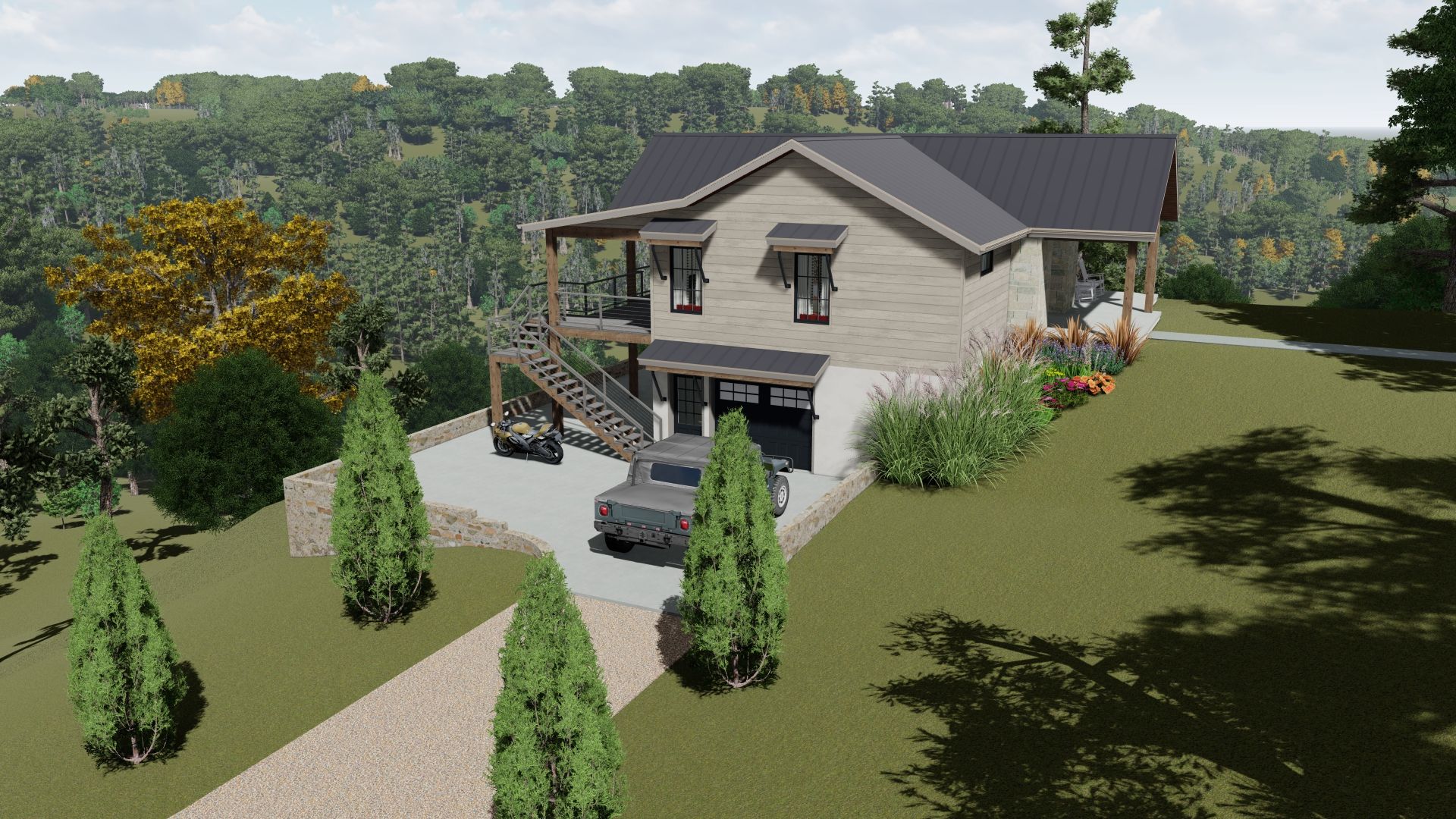 Two-story house with black roof, tan siding, and a gravel driveway in a wooded hillside setting.