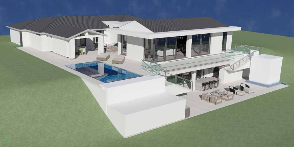 A computer generated image of a house with a tree in the background.