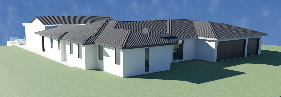 A 3d model of a house with a tiled roof and a garage.