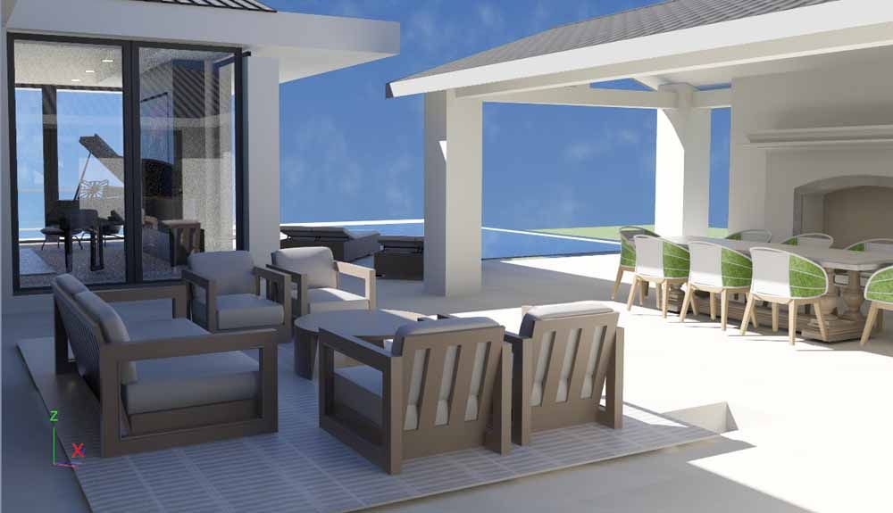An artist 's impression of a patio with furniture and a piano.
