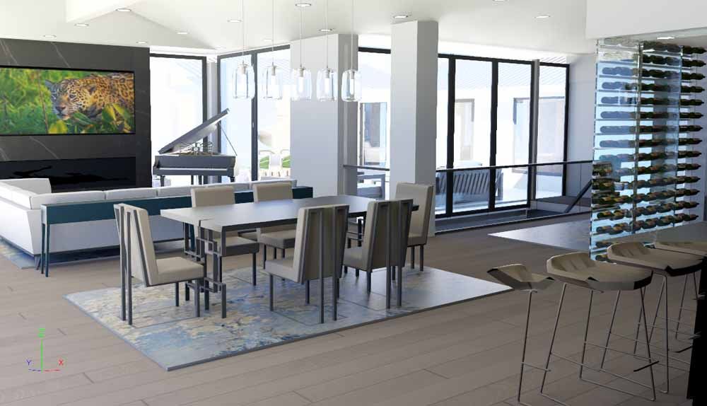 A living room with a dining table and chairs and a piano.