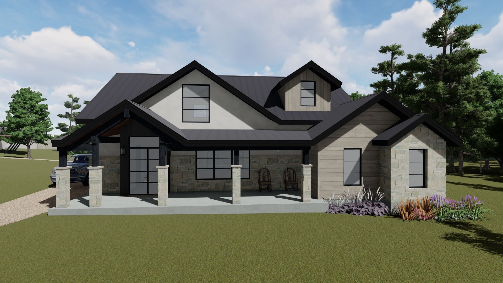 A house rendering with a covered porch, stone and light grey siding, and dark roof.