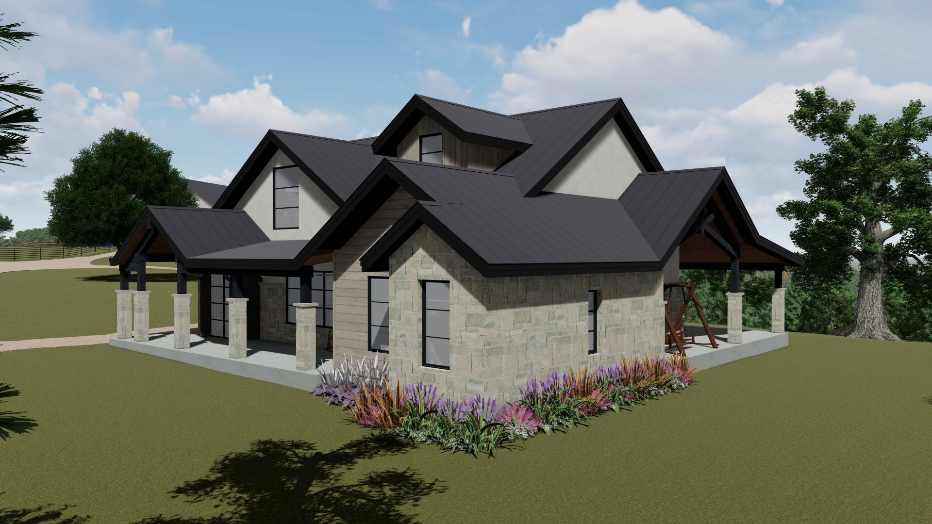 Modern two-story house with stone facade, dark roof, and covered porch. Green lawn and trees surround the building.
