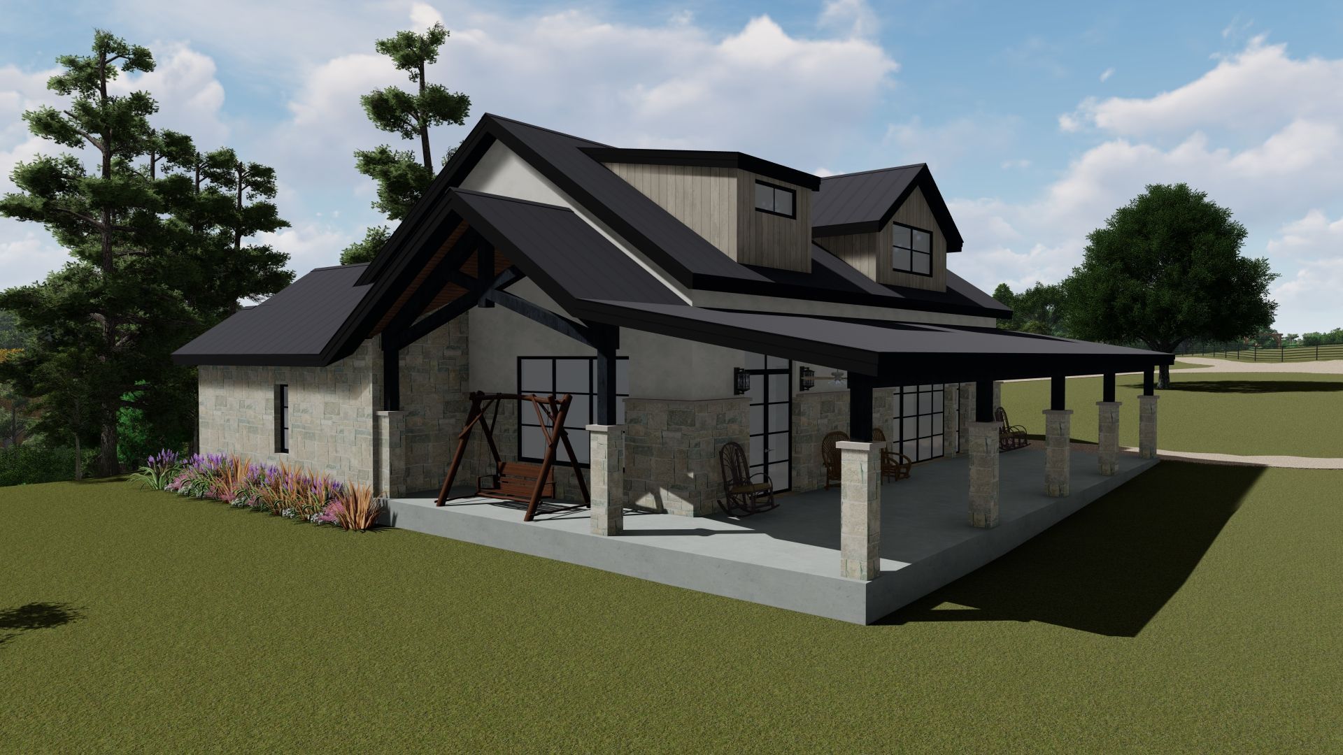 Modern house exterior with covered porch, stone facade, and black roof.