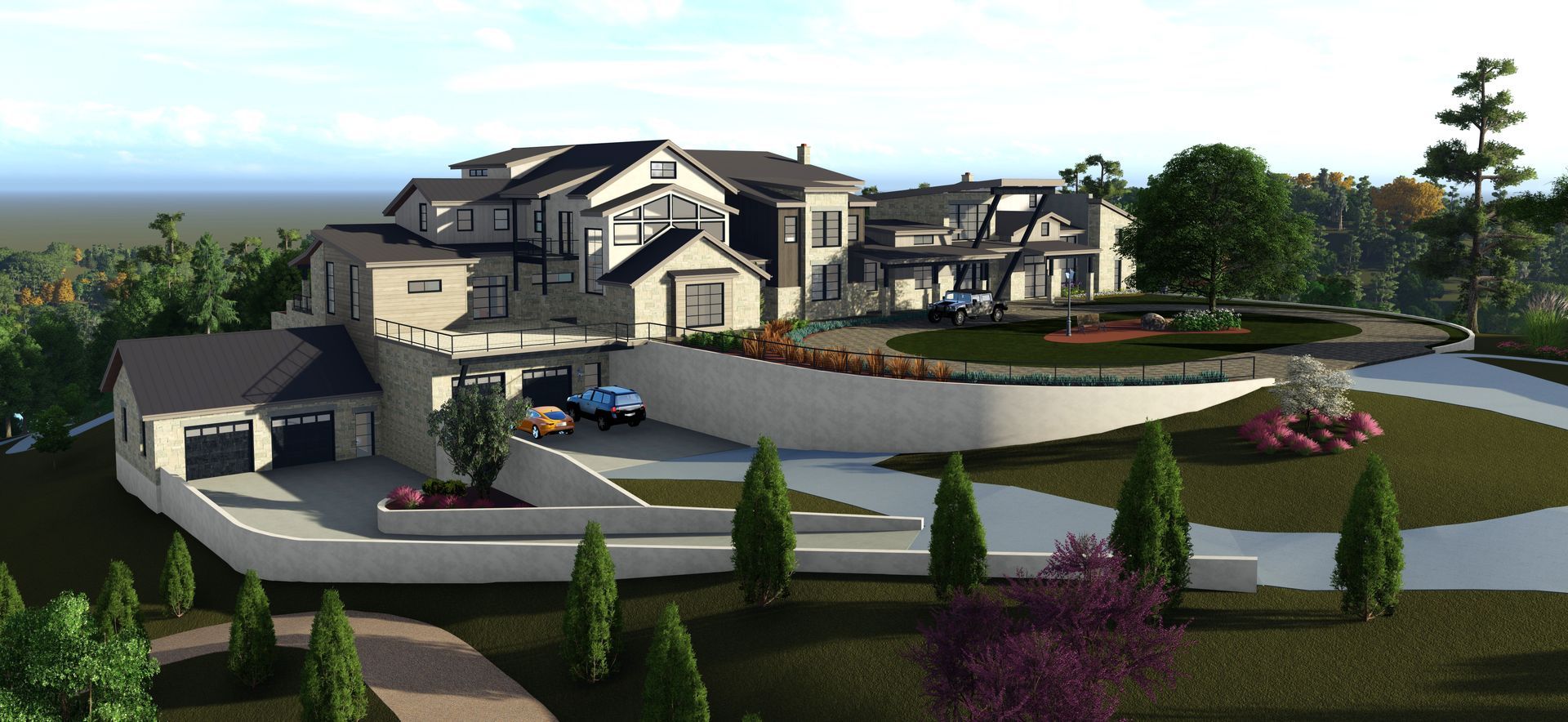 Large multi-level house with multiple garages and a curved driveway.