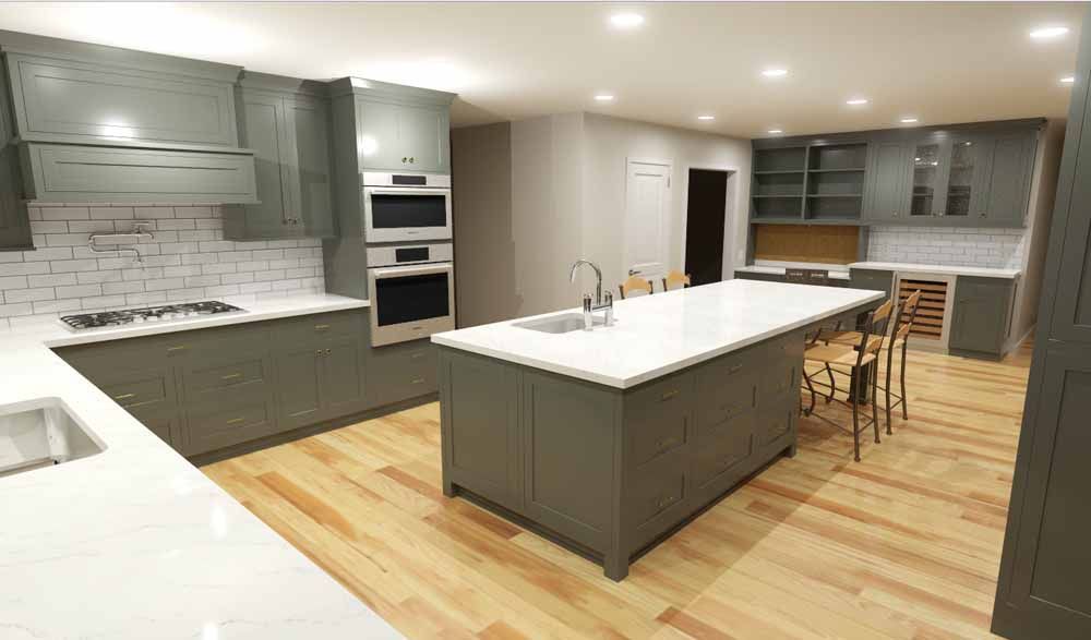 A kitchen with a large island in the middle of it.